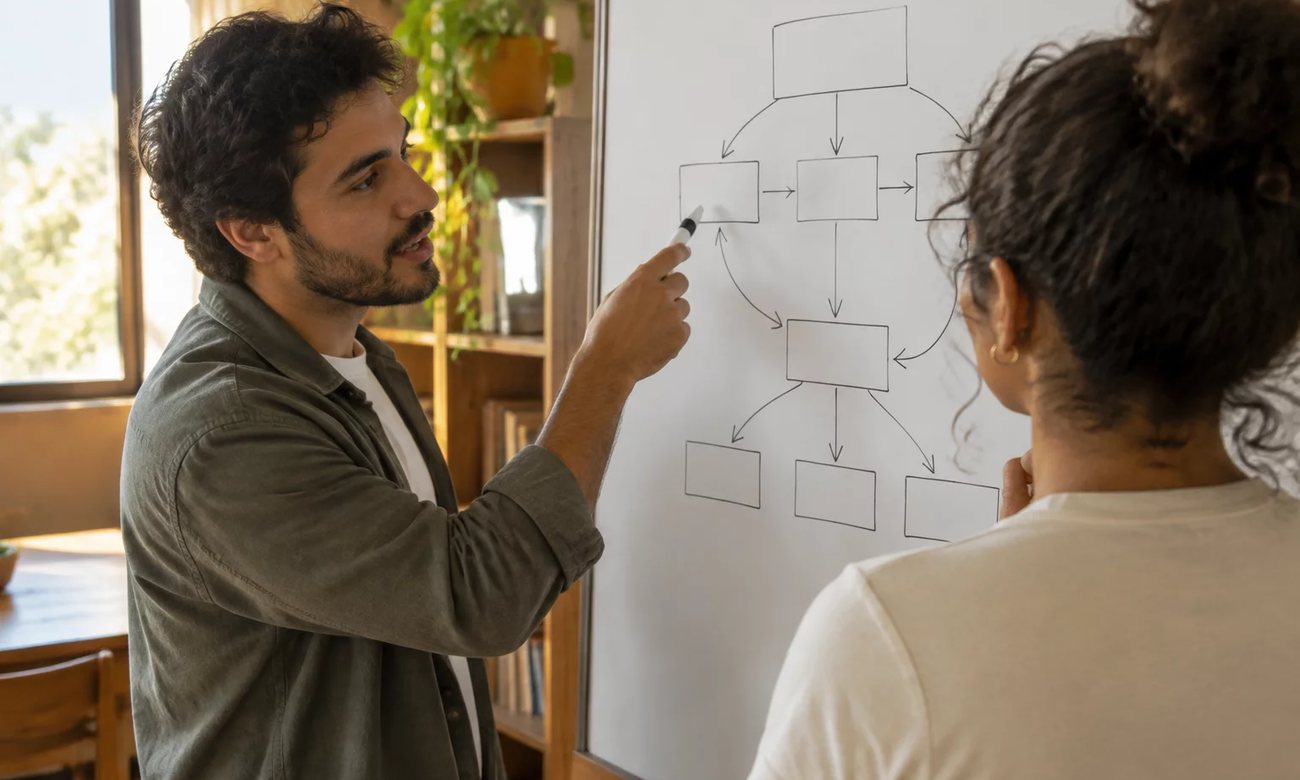 Duas pessoas de pé diante do quadro branco, desenhando o esqueleto de um argumento